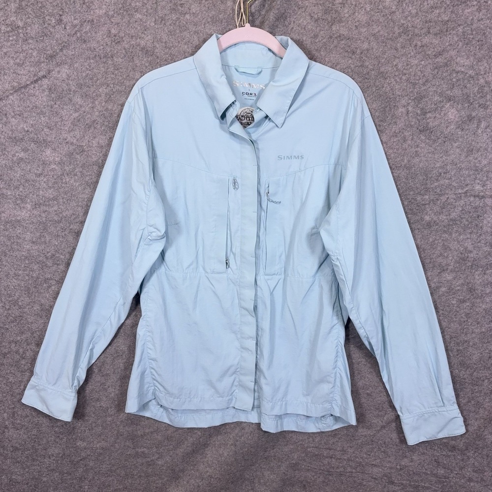 SIMMS Cor3 Fishing Shirt Womens Sz L Blue Zip Pockets World Cast Anglers Logo